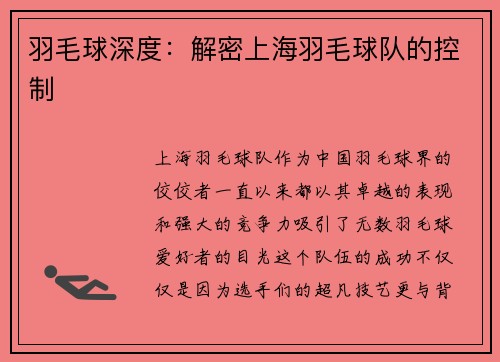 羽毛球深度：解密上海羽毛球队的控制