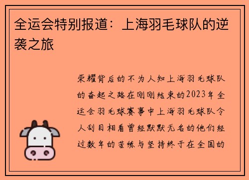 全运会特别报道：上海羽毛球队的逆袭之旅