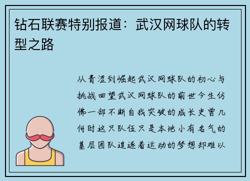 钻石联赛特别报道：武汉网球队的转型之路