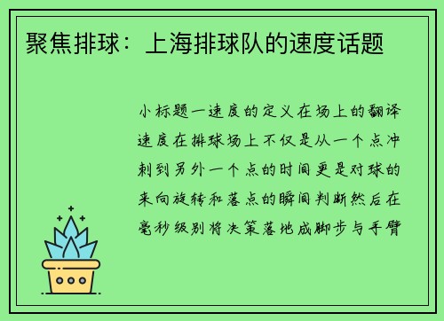 聚焦排球：上海排球队的速度话题