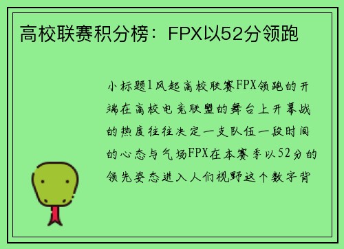 高校联赛积分榜：FPX以52分领跑