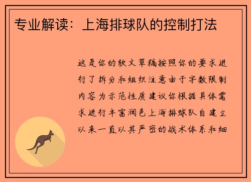 专业解读：上海排球队的控制打法
